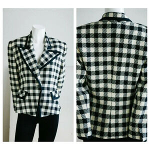 Vintage Wool Black White PlAid Notched Collar Fitted Cropped Chic Blazer M